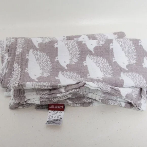MilkBarn Organic Cotton Burp Cloths Set of 2 – Gray Hedgehog Print – 21" square - Picture 2 of 3